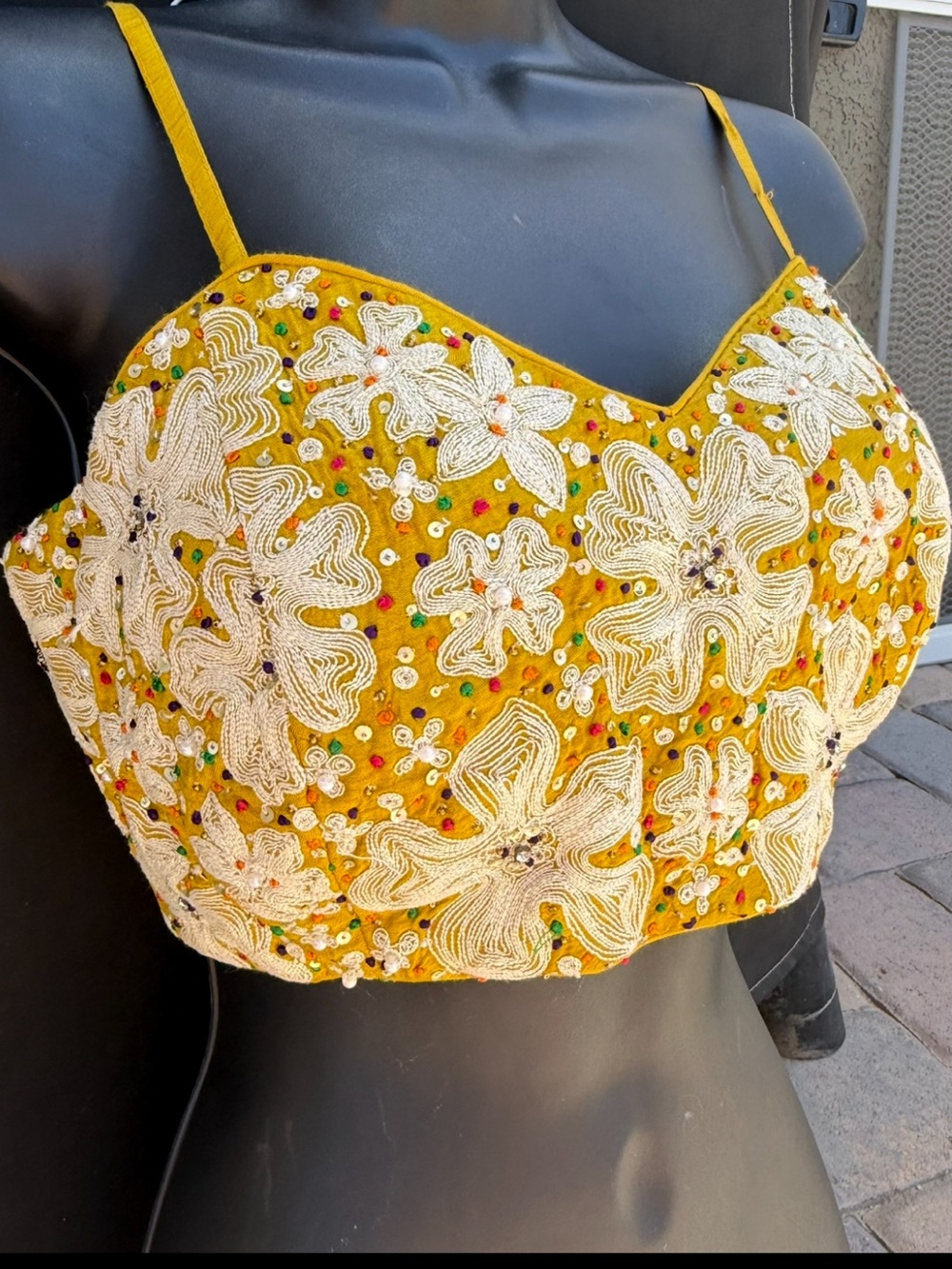 Handmade Yellow Embellished Silk Bustier Saree Top M